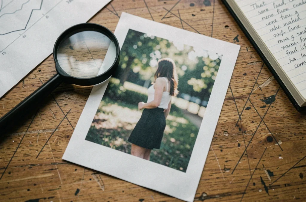 Photographie imprimée posée sur un bureau avec loupe et notes manuscrites, enquête journalistique sur l'origine d'une image