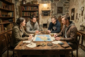 Groupe d'adultes explorant une salle d'escape game mystérieuse avec des énigmes, des cadenas et des accessoires vintage dans le Calvados