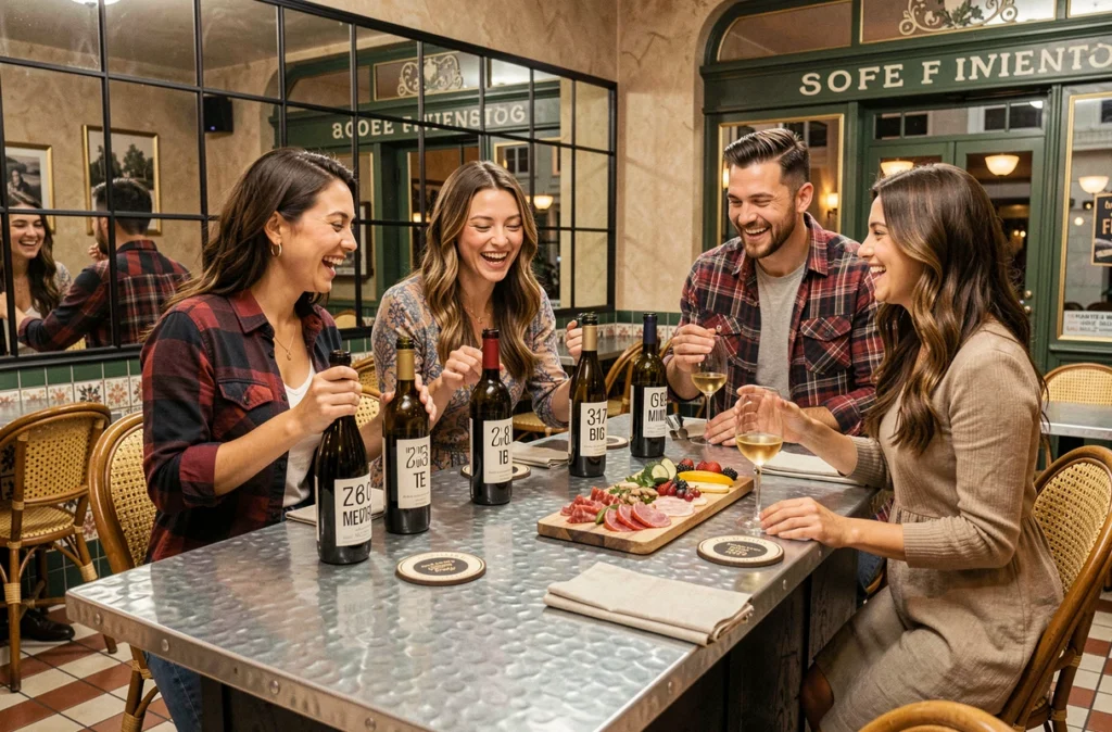 Amis hilares résolvant des énigmes autour d'un bar de bistrot dans l'escape game L'Apéro à Caen
