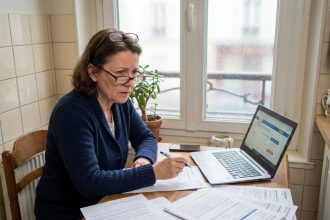 Femme d'une cinquantaine d'années comparant des offres de mutuelle solidaire sur ordinateur portable à sa table de cuisine