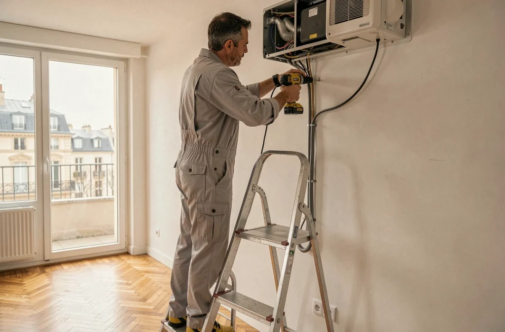 Ingénieur de Florian Felio Génie Climatique installant une climatisation dans un appartement lyonnais moderne