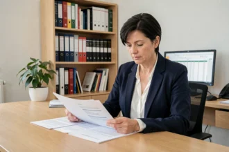 Fonctionnaire attachée hors classe examinant des documents administratifs relatifs à sa grille indiciaire dans un bureau de la fonction publique
