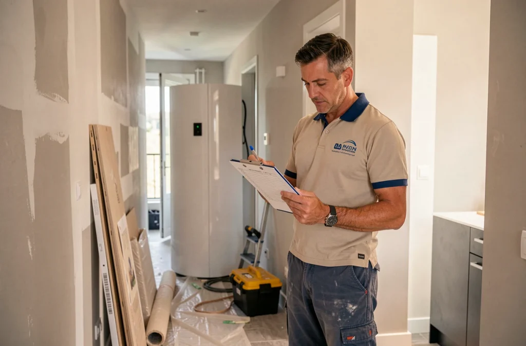 Spécialiste de FPC Habitat vérifiant l'installation d'une pompe à chaleur dans un couloir d'appartement lyonnais