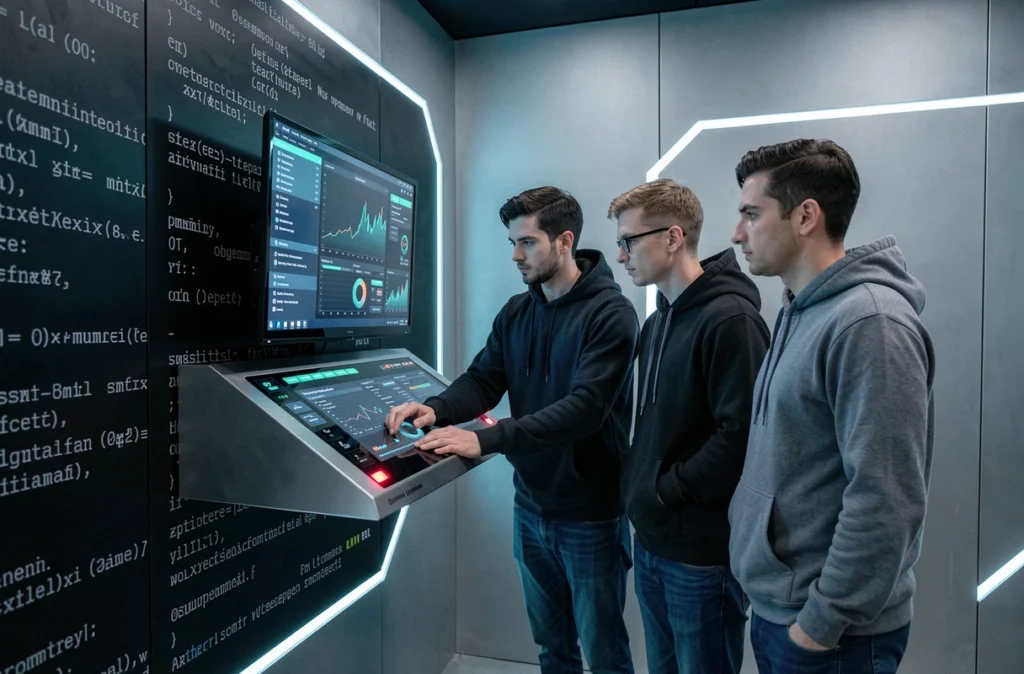 Trois joueurs face à un panneau de codes high-tech dans la salle futuriste de GAMEDOOR·41