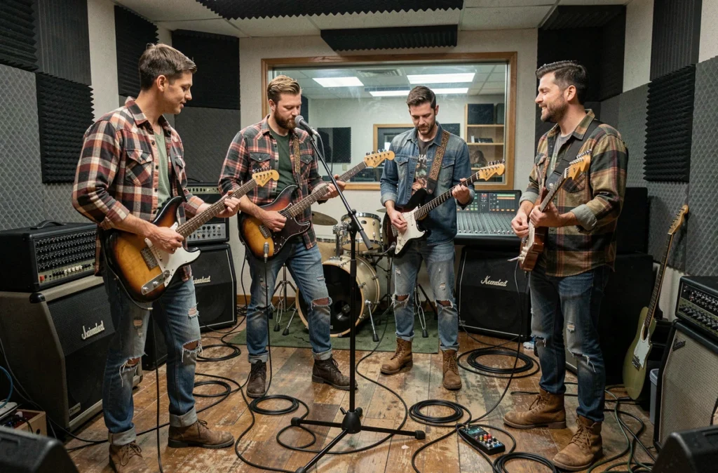 Groupe de musiciens grunge en studio d'enregistrement underground avec console de mixage et câbles au sol, ambiance rock années 90