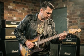 Guitariste rock aux cheveux noirs jouant de la guitare électrique sur scène avec des amplis vintage, esthétique grunge années 90