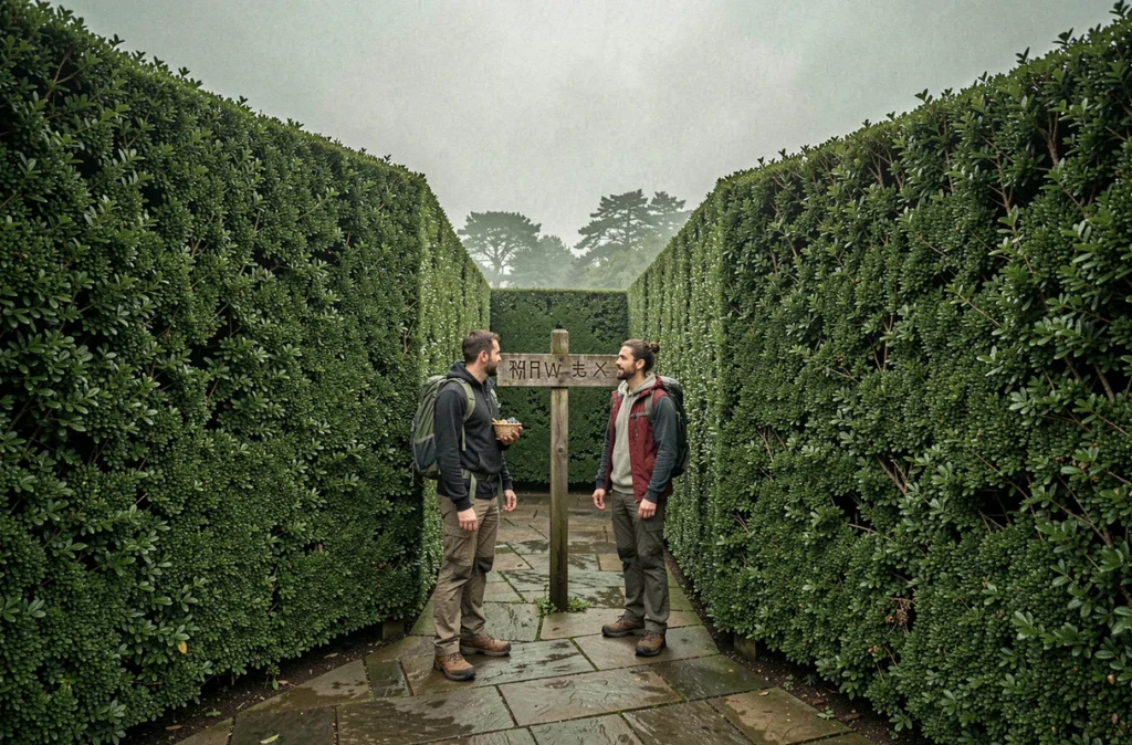 Deux visiteurs découvrant une bifurcation dans le labyrinthe de haies du Labyrinthe de Honfleur