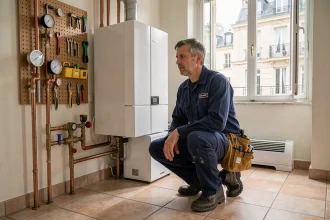 Technicien chauffagiste professionnel installant une chaudière moderne dans un appartement lyonnais