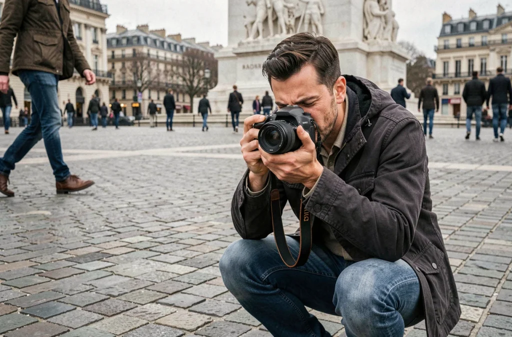 Photographe professionnel en action sur une place pavée parisienne, image reportage documentaire urbain