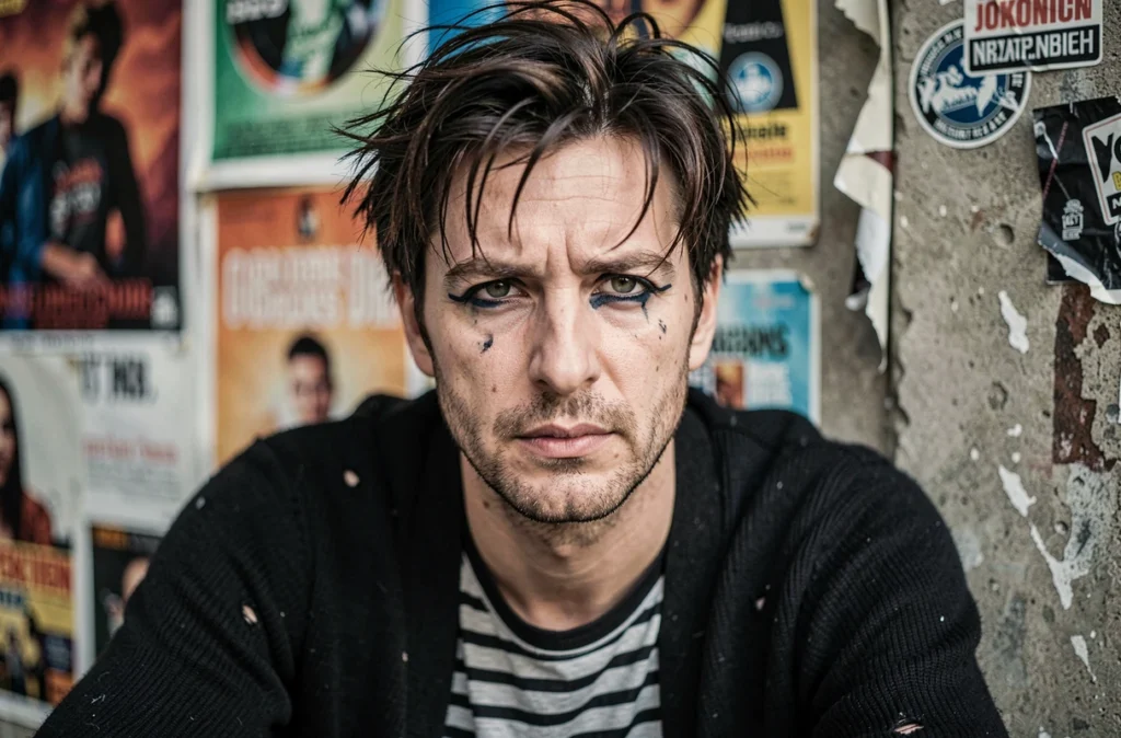 Portrait de musicien rock alternatif en cardigan noir devant un mur de béton orné d'affiches de concerts, style grunge années 90