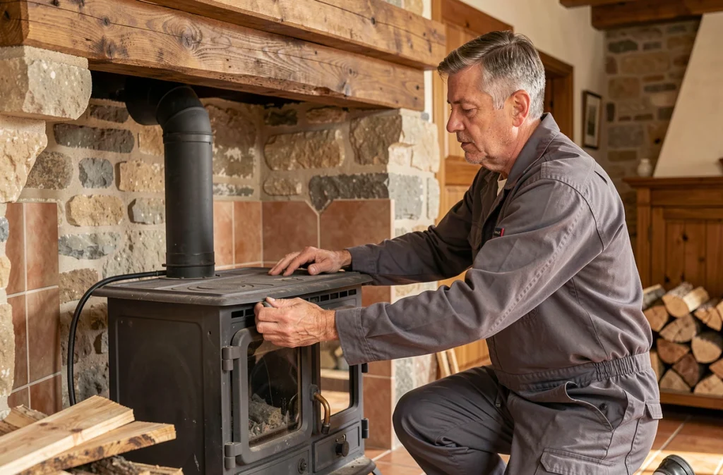 Spécialiste de Techni Poêle Services posant un poêle à bois en fonte dans une maison lyonnaise en pierre