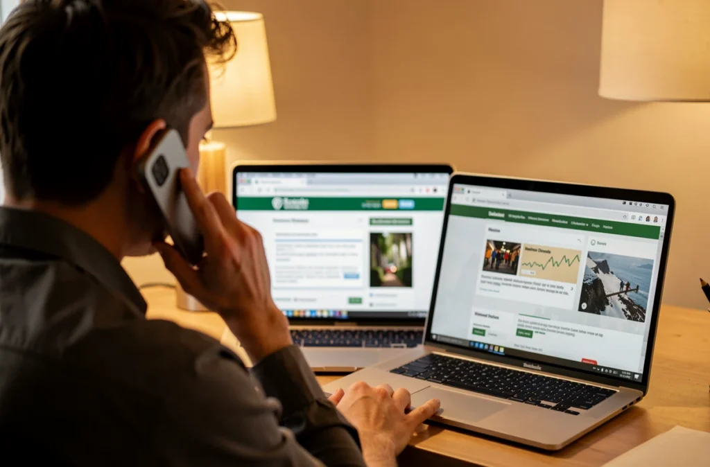 Personne au téléphone devant un ordinateur portable