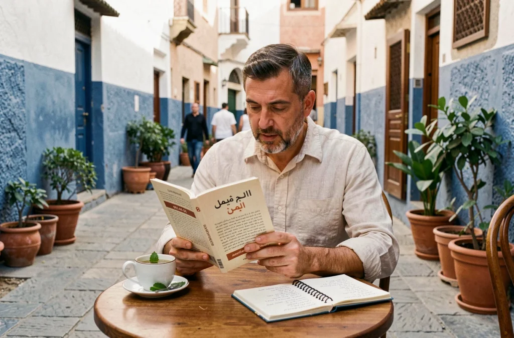 Homme consultant un guide de traduction marocain français dans un café de médina avec un cahier de vocabulaire bilingue