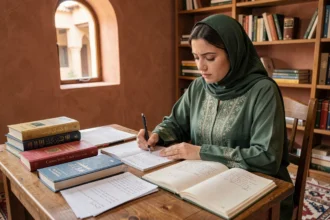 Femme marocaine traduisant un texte de l'arabe au français dans un bureau traditionnel avec dictionnaires et cahiers de notes